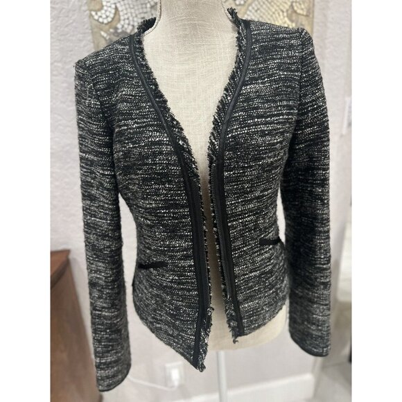 BCBG Paris Womens Black & White Tweed Jacket With Zipper & Fringe Detail Size S - Picture 5 of 6